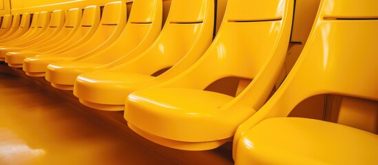 A row of identical yellow toilets lined up next to each other, creating a practical and functional restroom setting.