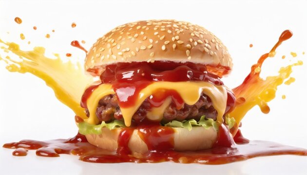 Splashes of ketchup and melted cheese flowing from a cheeseburger isolated on a white background.