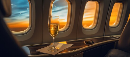 A glass of champagne is placed on a luxurious business class airplane seat, basking in the soft illumination from the aircraft window.