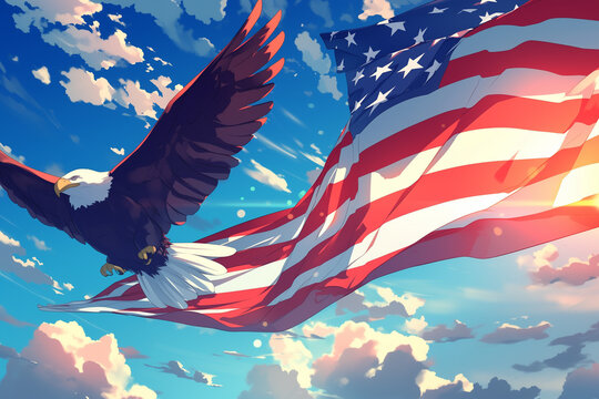 anime-style illustration featuring a majestic eagle in flight with an American flag 