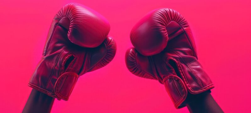 Fighting hands in pink boxing grove on pink background