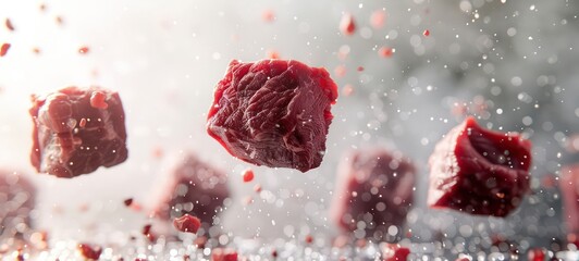 Floating in the air, beef chunks, Fresh meat, white background