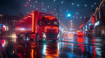 A magenta truck with automotive lighting drives through a wet street at night