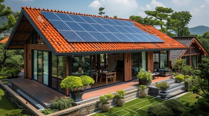 House with solar panels on roof, green grass slope.