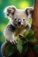 Fototapeta premium An adorable koala is perched on a tree branch, calmly observing its surroundings. The furry marsupials fluffy ears and rounded body stand out against the green foliage