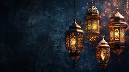 Ornate Arabic lanterns on dark Ramadan Kareem celebration background illustration with traditional...