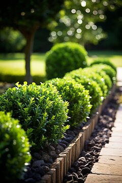 A row of neatly trimmed green bushes sits side by side, creating a uniform and tidy border. The bushes are well-maintained and aligned in perfect harmony