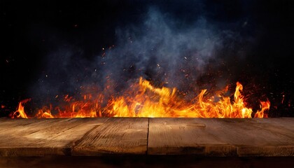 wooden table with Fire burning at the edge of the table, fire particles, sparks, and smoke in the...