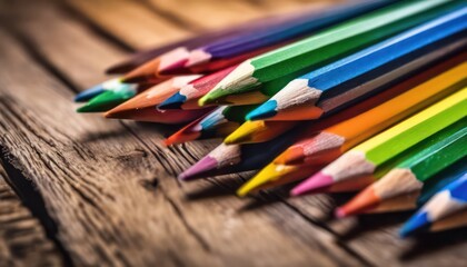 Vibrant assortment of colored pencils on wooden surface