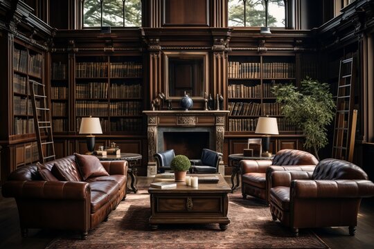 Elegant vintage library room with floor-to-ceiling bookshelves, leather club chairs, and a traditional mahogany desk for a sophisticated study space
