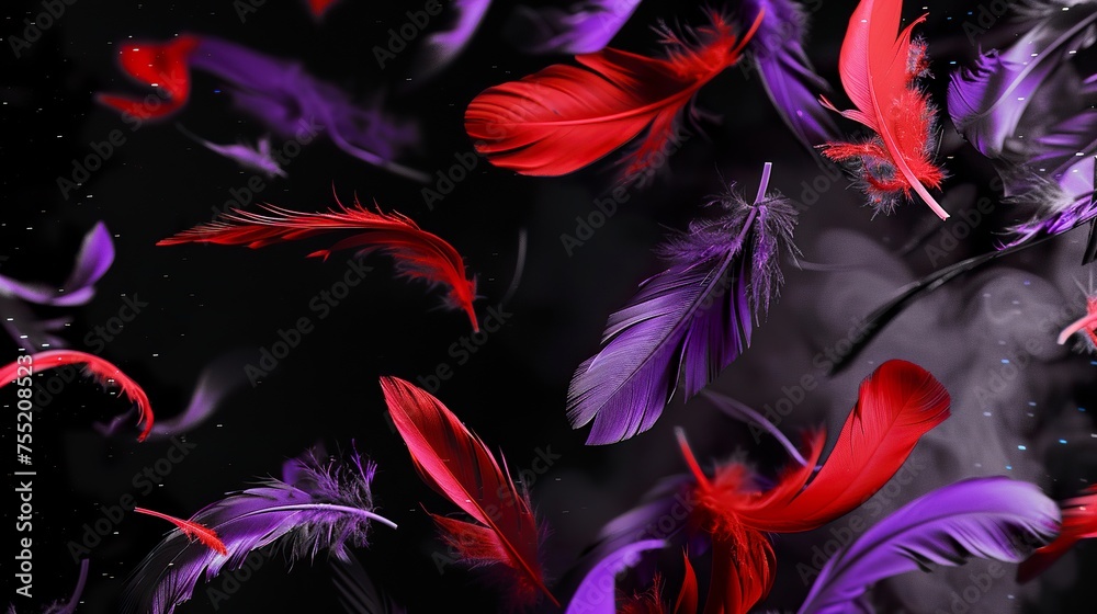 Wall mural black background with purple and red feathers falling in soft scene. feathers falling on a dark back