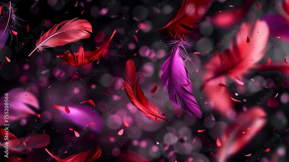 Wall mural black background with purple and red feathers falling in soft scene. feathers falling on a dark back