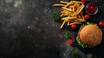 Tasty burger served with French fries on a dark background with empty space for text