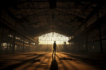 Enigmatic Silhouette fbi agent warehouse. Crime scene tape in abandoned warehouse. Generate Ai - obrazy, fototapety, plakaty