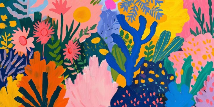 A vibrant and colorful abstract pattern includes various shapes and forms of flowers, grasses, and leaves Generative AI