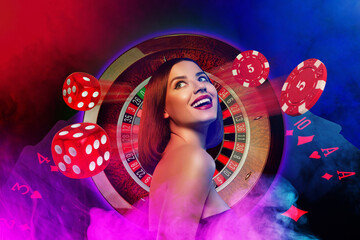 Creative drawing collage picture of stunning young female shoulders off casino concept dice chips...