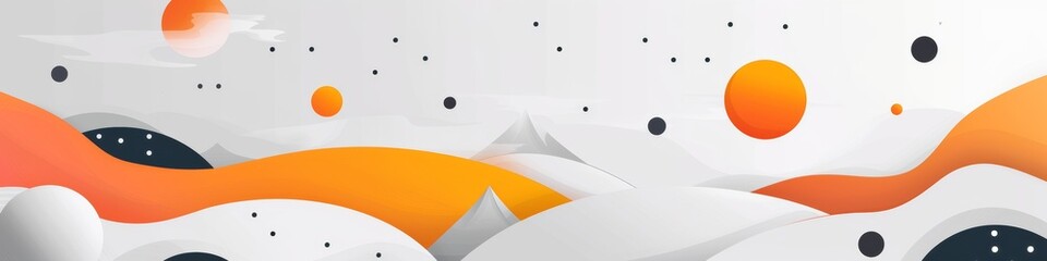 Abstract digital landscape with flowing orange and white shapes and scattered black dots, under a sky with orange orbs