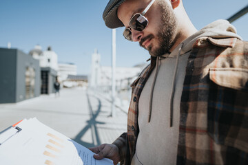 Focused young entrepreneur analyzing business reports, with cityscape in the background, showcasing outdoor corporate lifestyle.