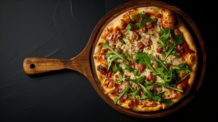 An aerial view of a traditional Italian pizza, untouched and served on a baking shovel. It's isolated against a black background, offering space for text and copy