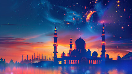 Vibrant Ramadan Kareem banner with mosque, moon, and star decorations, Ramadan celebrations,...