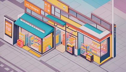 Isometric view of a store and salesroom in an urban environment in an illustrative style