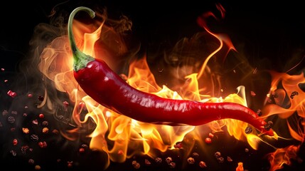 A close-up of a red chili pepper engulfed in flames against a black background - obrazy, fototapety, plakaty