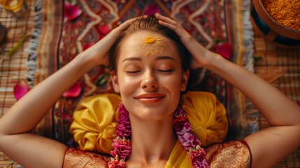 A beautiful woman enjoying a temple massage treatment at a spa