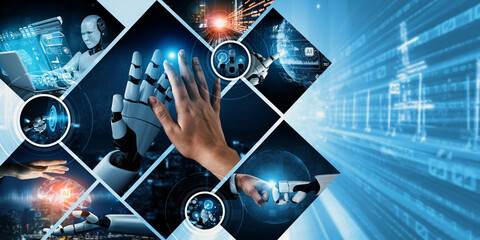 Human interact with AI artificial intelligence virtual assistant robot. Concept of AI artificial...
