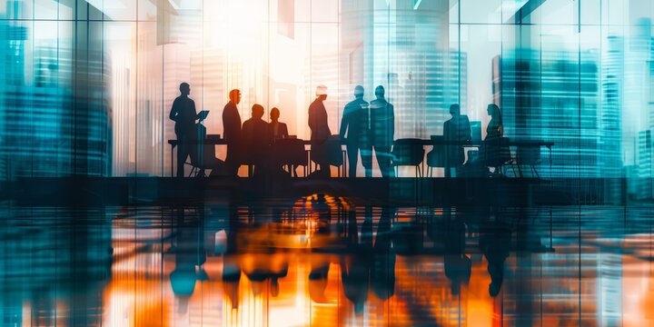 Double exposure image of the conclusion of a business meeting in the offices of a skyscraper. Image created by AI