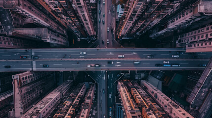 Aerial view of a cityscape with intersecting roads and high-rise buildings during twilight. - Powered by Adobe