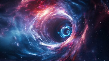 Surreal cosmic scene with a vibrant blue and pink swirling galaxy, depicting a science fiction space vortex or wormhole. - obrazy, fototapety, plakaty