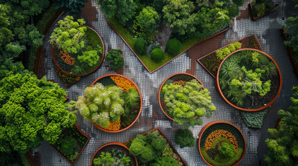 Aerial view of a lush garden with circular walkways and greenery. - obrazy, fototapety, plakaty