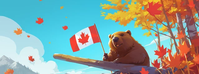 Foto op Canvas cartoon beaver sitting on a branch with a Canadian flag, set against a backdrop of autumnal trees with falling leaves and a mountainous landscape under a clear blue sky © TomAI