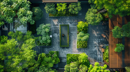 Aerial view of a lush green courtyard with a traditional gate, surrounded by trees and plants, exuding tranquility and natural beauty.