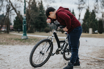 An active young boy pauses as he enjoys a bicycle ride in a scenic park setting, reflecting a sense of joy and freedom.