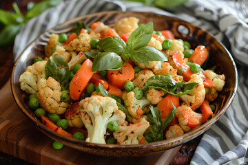 A delectable stir-fry dish composed of cauliflower, carrots, and peas, enhanced with the aromatic infusion of basil oil from Sankhya Farms