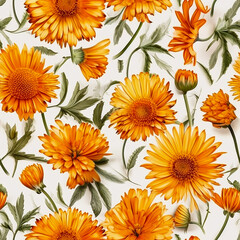 Seamless beautiful calendula flowers pattern, delicate wallpaper design. Generative ai