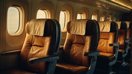 Interior of a passenger plane. Aisle with seats and windows of an airplane with a beautiful sunset.
