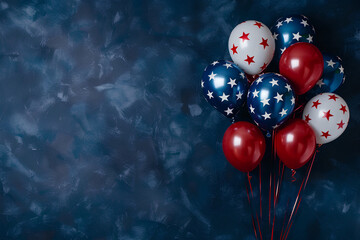 festive US flag color foil balloons for 4th of July or Presidents Day celebration on a dark blue background with copy space