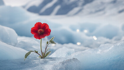 Single vivid red flower in bloom growing on a blue ice glacier signaling the start of the spring season.  - obrazy, fototapety, plakaty