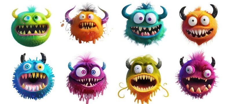 Set of isolated funny cartoon furry monsters with different emotions