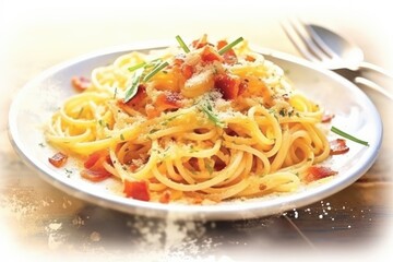Watercolor painting of a dish of al dente spaghetti with tomatoes and prosciutto. Italian pasta carbonara.