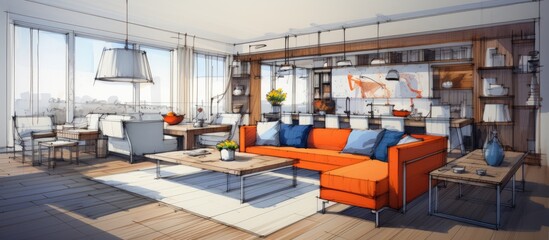 This is a 3D sketch design of a modern living room featuring stylish orange couches as the focal point.