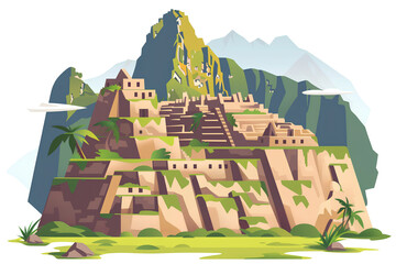 A vector illustration showcases the iconic ruins of Machu Picchu, reflecting the ancient Inca heritage, with a flat and isolated design aesthetic.





