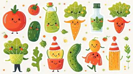 Fototapeta premium Set of cute cartoon vegetables with smiling faces, including a party-hat-wearing broccoli, perfect for children's designs or educational content.