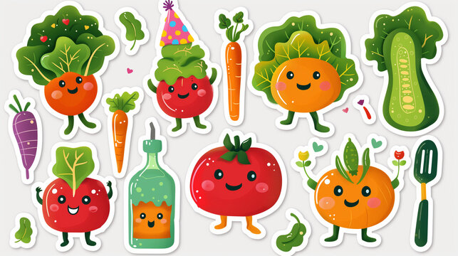 Set of cute cartoon vegetables with smiling faces, including a party-hat-wearing broccoli, perfect for children's designs or educational content.