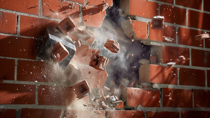 Sledgehammer breaking through a brick wall, depicting demolition or breakthrough concept.