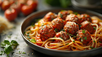 Spaghetti with Meatballs in Tomato Sauce - obrazy, fototapety, plakaty