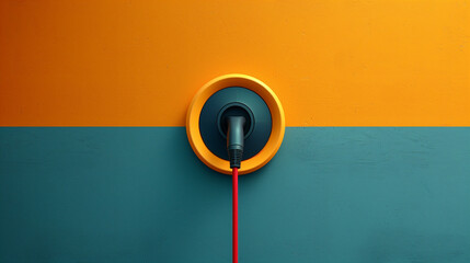 Minimalist image of a power socket with a plugged-in cable on a dual-tone wall. - obrazy, fototapety, plakaty