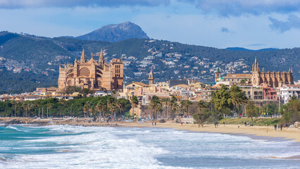 Historic La Seu Cathedral Overlooking the Sandy Shores of Palma Beach, Mallorca - 755211369